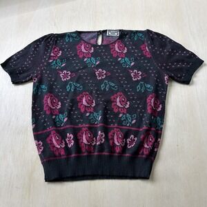 Vintage Keneth Too! Sweater Womens Large Black Floral Puff Short Sleeve Knit